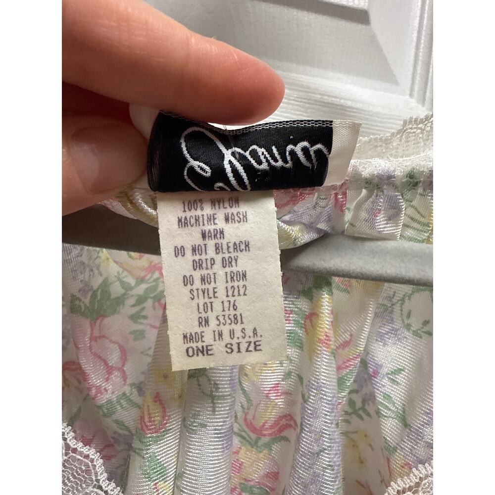 Vintage 80s Elana Rose Print V Neck Lace Trim Cottagecore Maxi Night Gown OS - Picture 7 of 7